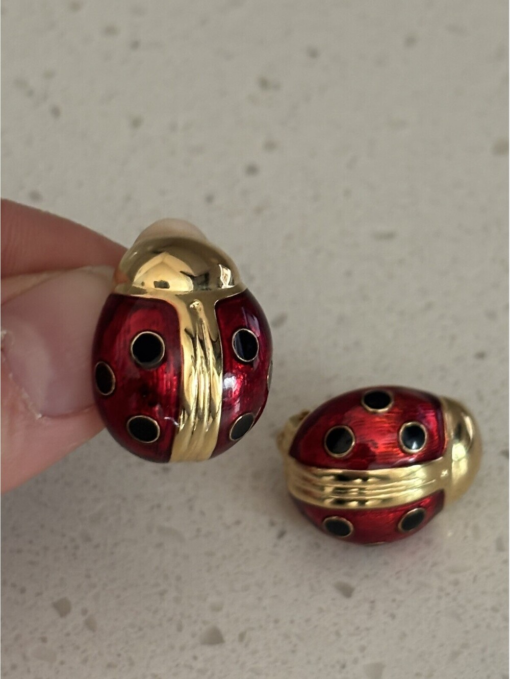 Joan Rivers Gold Tone Red Enamel Lady Bug Chunky Earrings Clip On